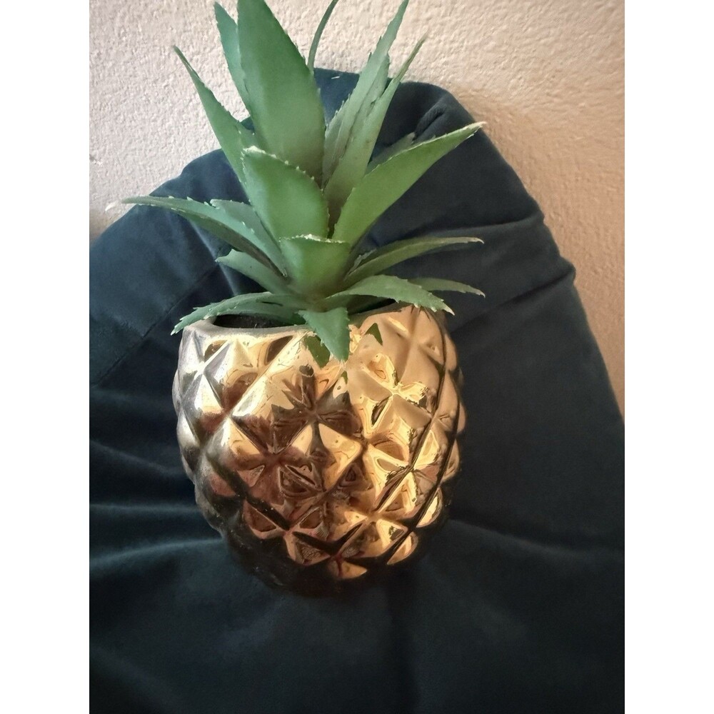 Gold Pineapple Freestanding Figurine Planter Pot w/ Faux Green Succulent